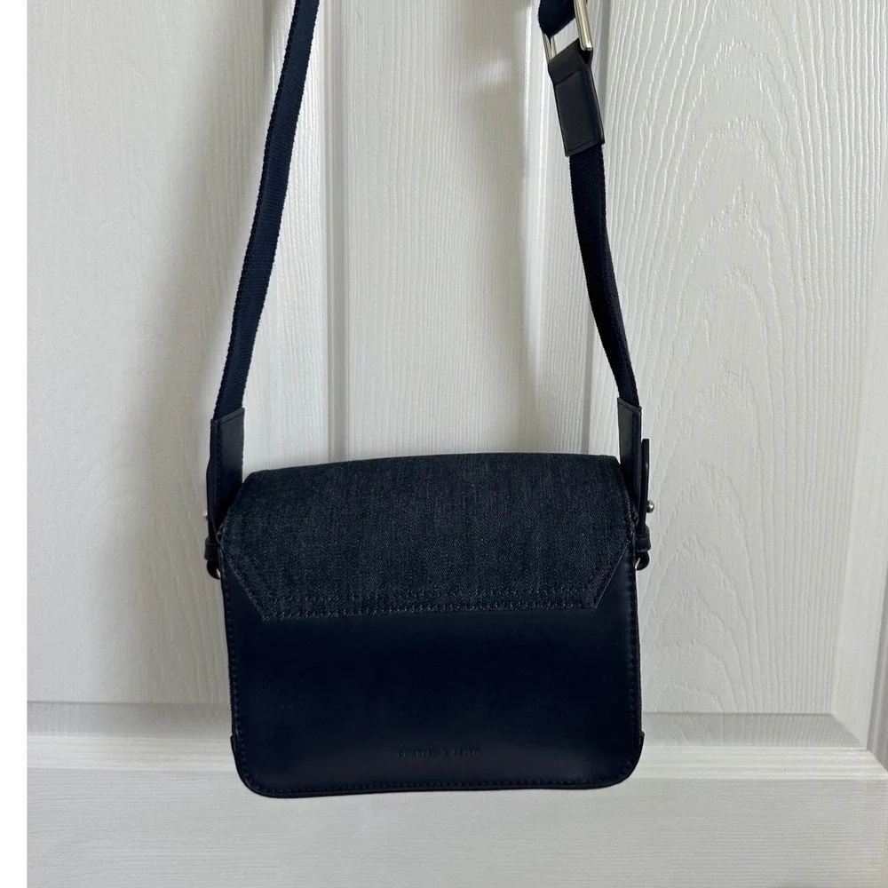 Charles & Keith Denim Crossbody Bag Dark Wash Frayed Fringe Faux Leather Trim